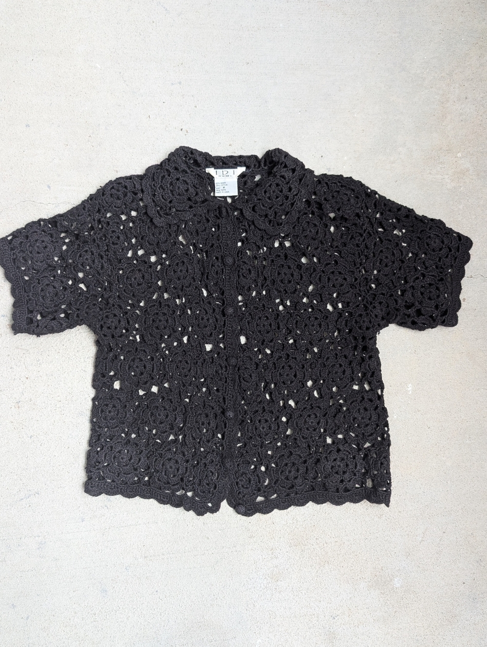 IDI By Mathew Black Crochet Short Sleeve Cardigan Shirt Top Polo